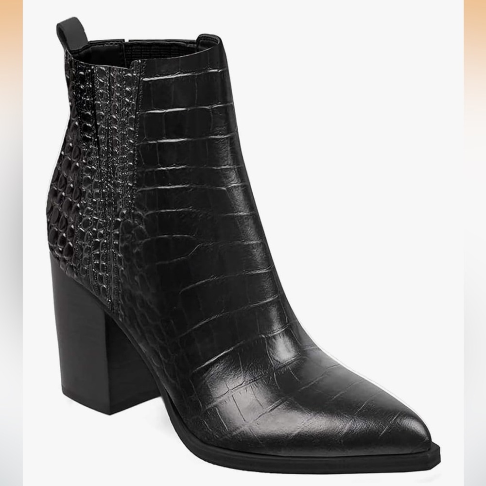 IMILY BELA Pointed Toe Chunky Stacked Mid Heeled Booties, NEW